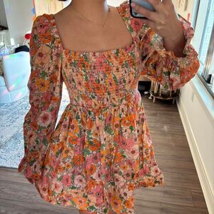 Gianni Bini smocked orange floral dress size large long sleeve